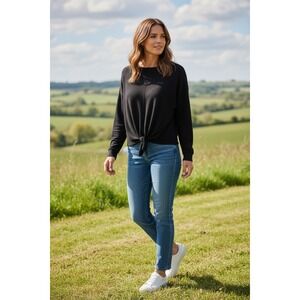 Relative Women Black Crew Neck Blouse Sz L Dolman Long Sleeve Boxy Hem Front Tie